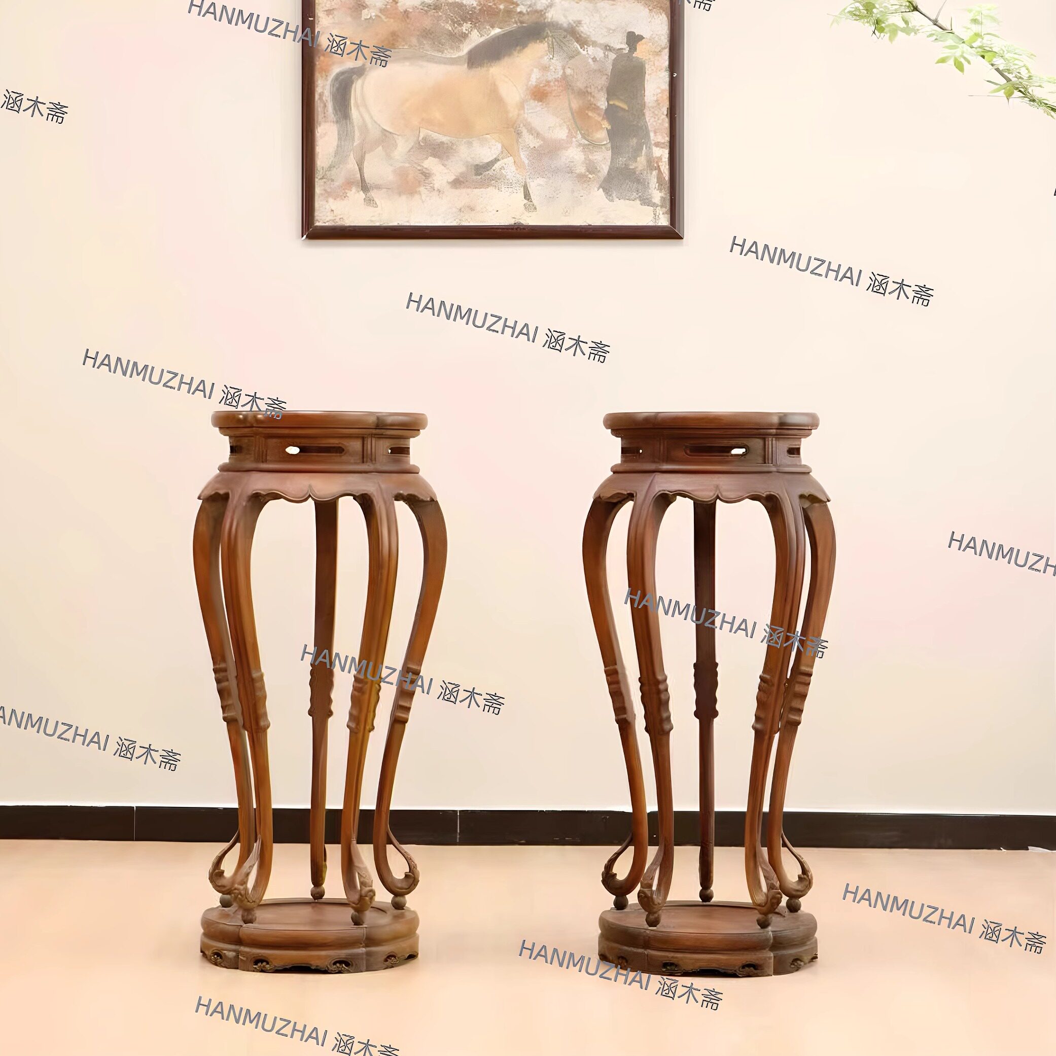 涵木斋明式仿古花架花几圆面花几成对市内装饰香几