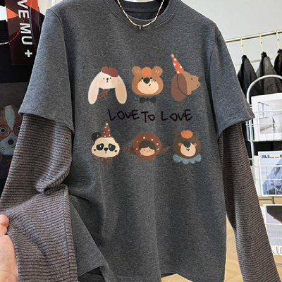 胖MM200斤大码独特假两件条纹德绒长袖上衣女秋冬宽松叠穿打底衫