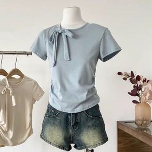修身 T恤女夏季 显瘦上衣 韩范chic绑带掐腰正肩短袖 胖妹妹200斤大码