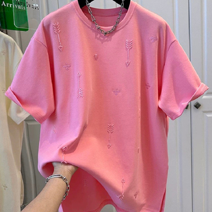 宽松显瘦T恤衫 上衣女夏季 高级感立体刺绣钉珠短袖 胖妹妹200斤大码