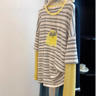 宽松T恤上衣 女春季 胖妹妹200斤大码 独特洋气雪花棉假两件撞色长袖