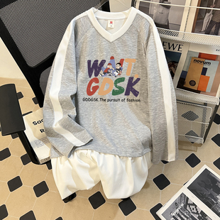 胖妹妹200斤大码中长款遮*拼接皱裙摆卫衣女早春秋假两件上衣