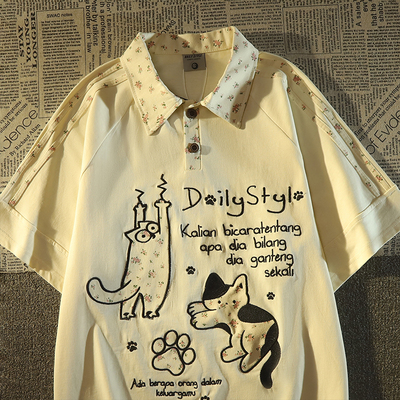 日系碎花刺绣猫咪polo领短袖t恤女夏季设计感小众宽松纯棉上衣ins