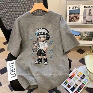 T恤女夏季 短袖 宽松显瘦上衣 卡通童趣减龄纯棉半袖 胖妹妹200斤大码