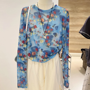 女夏宽松上衣 罩衫 胖妹妹200斤大码 透气轻薄扎染花朵网纱防晒长袖