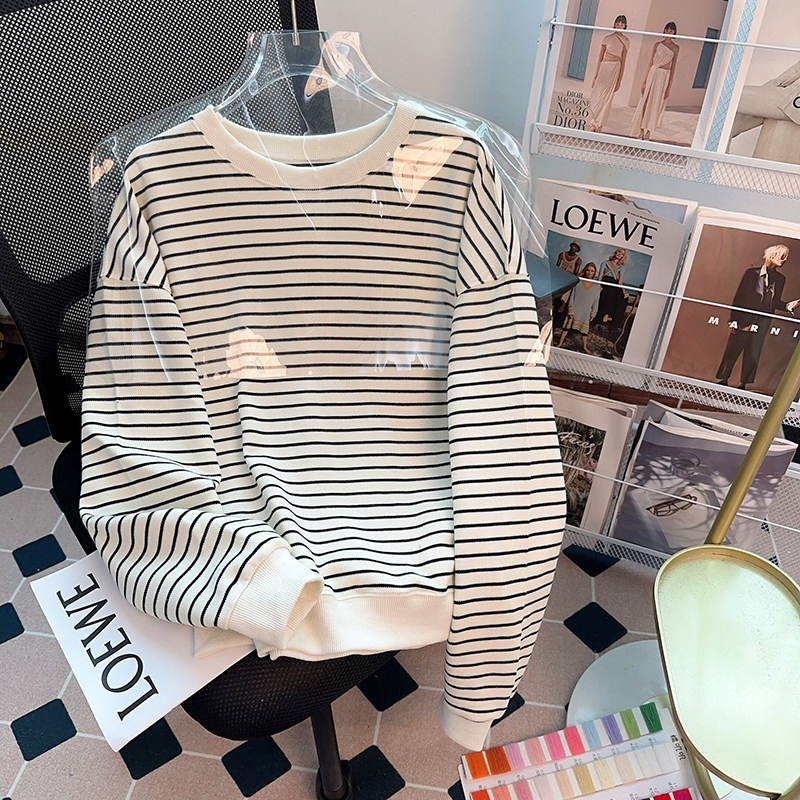 韩系慵懒风无帽圆领条纹套头卫衣女春秋薄款即墨宽松百搭长袖上衣,女装/女士精品,卫衣/绒衫,淘宝优惠券,粉丝福利购,淘宝优惠卷