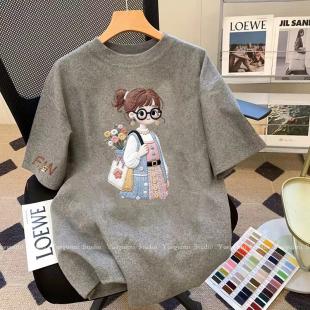 宽松显瘦T恤衫 上衣女夏季 文艺风小众别致纯棉短袖 胖妹妹200斤大码