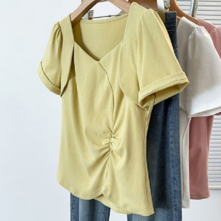 上衣女装 独特方领正肩短袖 夏季 修身 胖妹妹200斤大码 显瘦T恤衫 法式