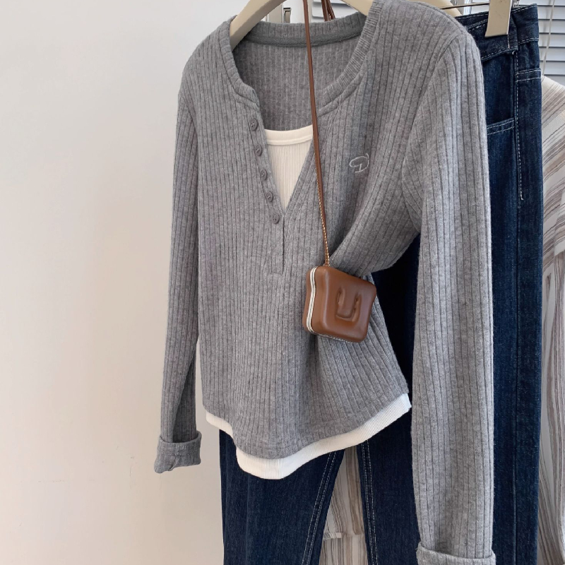 韩国东大门大码胖妹妹设计感假两件半开衫长袖上衣女秋季修身T恤