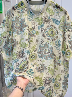 胖妹妹200斤大码复古民族风凉感轻薄雪纺衫短袖T恤女夏季宽松上衣