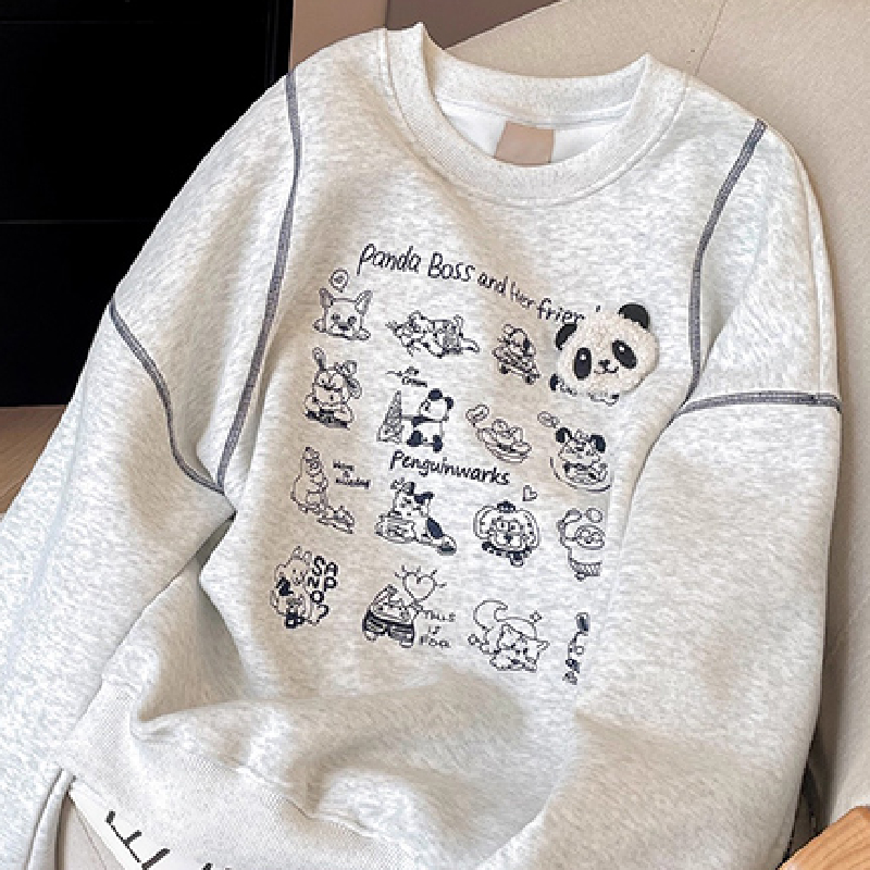 胖mm240斤大码韩系慵懒卡通刺绣圆领卫衣女秋季宽松遮肚遮臀上衣