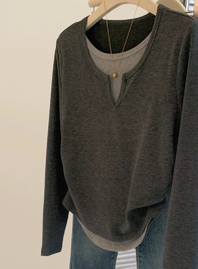 胖MM大码240斤假两件灰色长袖T恤女秋冬季修身显瘦内搭高级感上衣