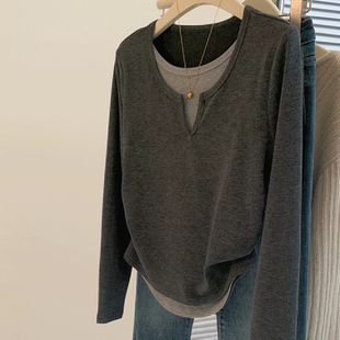 修身 T恤女秋冬季 显瘦内搭高级感上衣 240斤假两件灰色长袖 胖MM大码