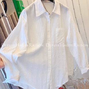 外搭衬衫 T恤女春夏宽松大版 240斤白色轻薄条纹肌理感长袖 胖MM大码