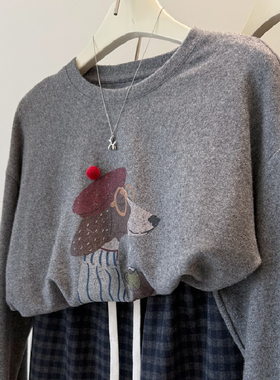 胖MM大码240斤灰色卡通减龄德绒加厚长袖T恤女秋冬宽松大版内搭衫