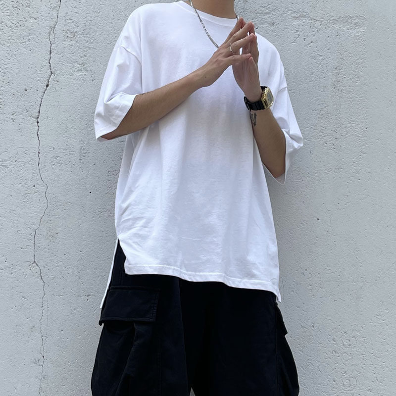 欧美高街下摆加长开叉短袖t恤男白色打底衫内搭宽松五分袖纯棉潮