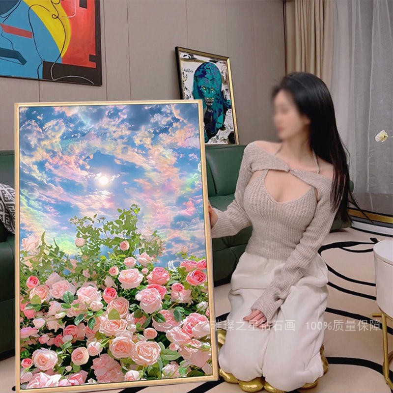 钻石画满钻粉色玫瑰治愈系风景