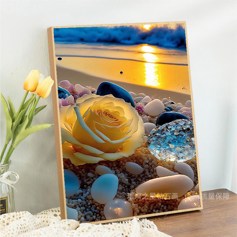钻石画2025新款满钻沙滩黄玫瑰点贴钻十字绣客厅卧室手工粘钻风景