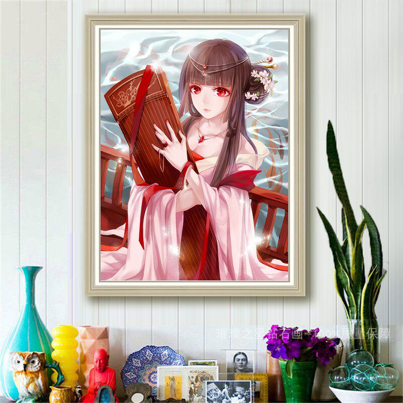 钻石画满钻2022新款卡通动漫卧室客厅点贴钻十字绣抚琴少女贴钻画
