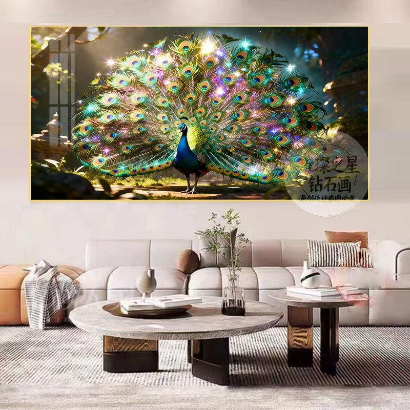 孔雀开屏钻石绣客厅风景画满钻手工贴钻十字绣绿孔雀新款横版大画