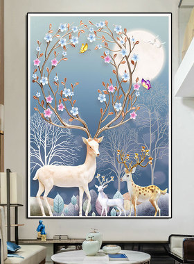 2025新款生财麋鹿钻石画客厅玄关满钻十字绣简约现代动物5d贴钻画