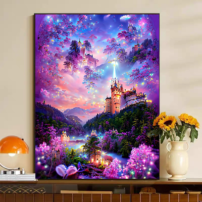 勋鸿绣坊满钻梦幻紫色城堡钻石画