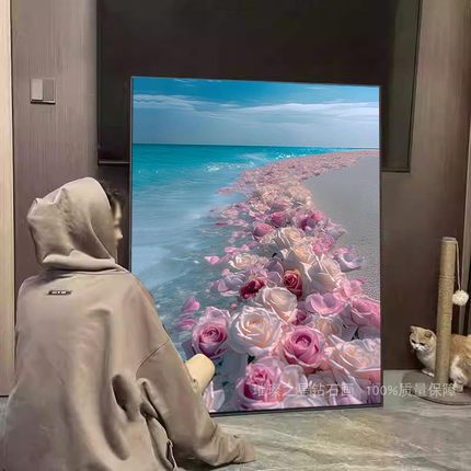钻石画2025新款满钻沙滩花朵手工贴钻十字绣客厅卧室简约海边风景