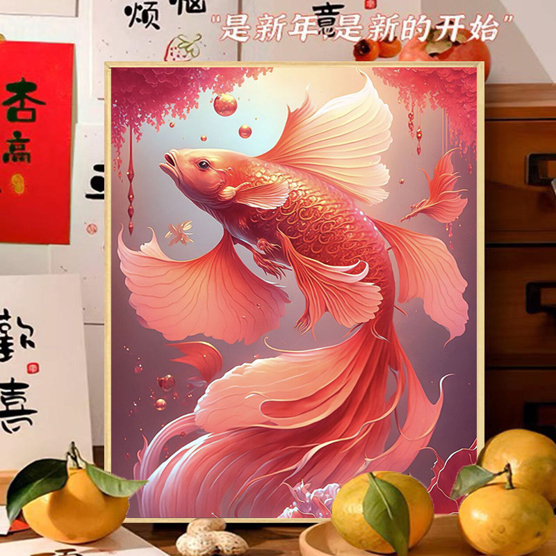 新款锦鲤钻石画新款满钻十字绣客厅红鲤鱼手工点贴钻十字绣风景画