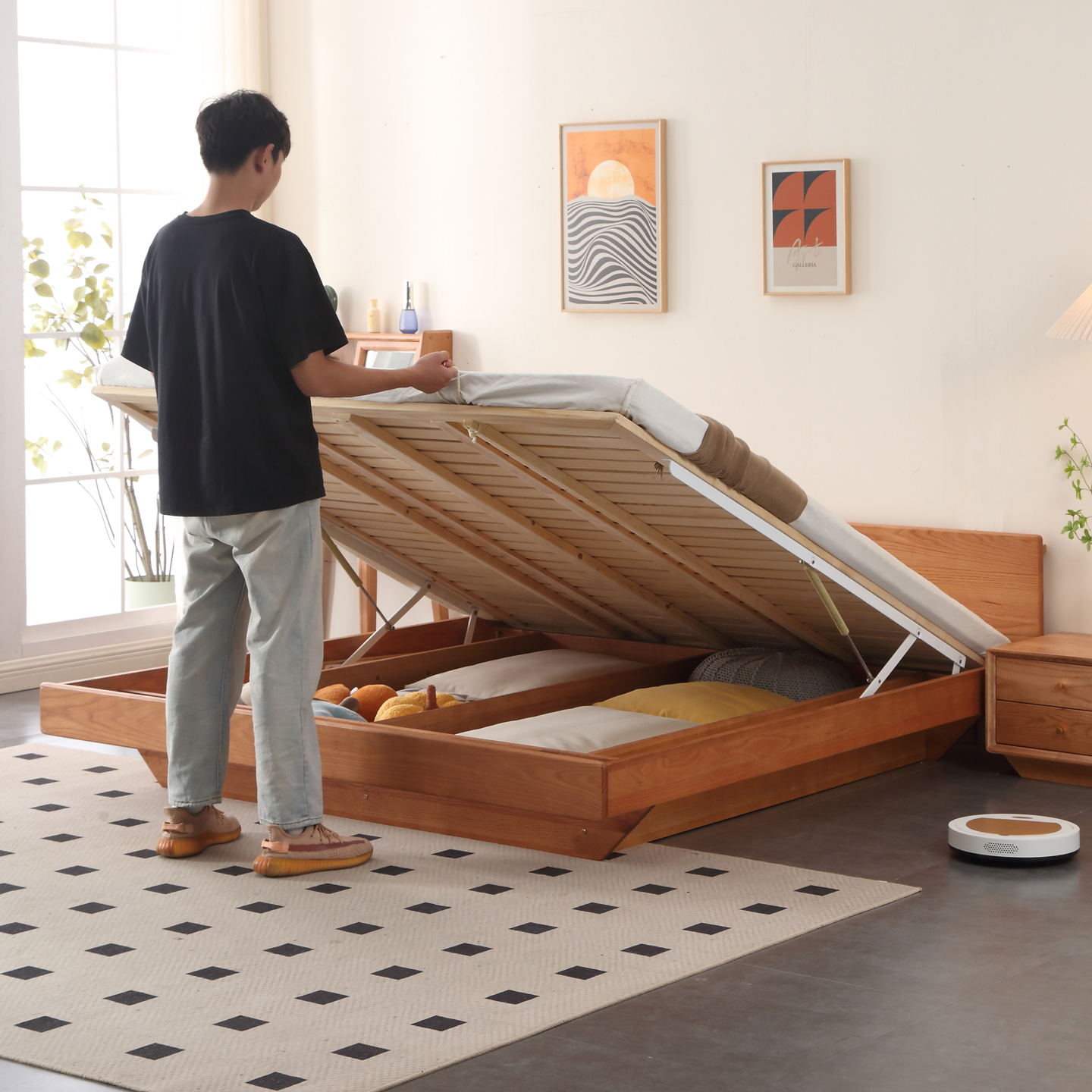 超薄矮床头可升降调节悬浮实木床