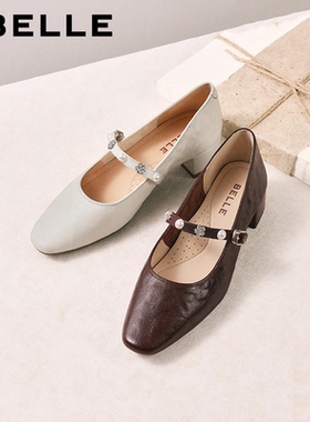 百丽复古羊皮粗高跟玛丽珍鞋女25秋季新款浅口单鞋子E3Y1D E3Z1D