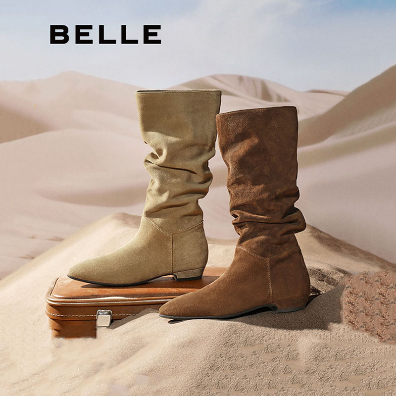 百丽复古绒面西部靴高筒堆堆长靴