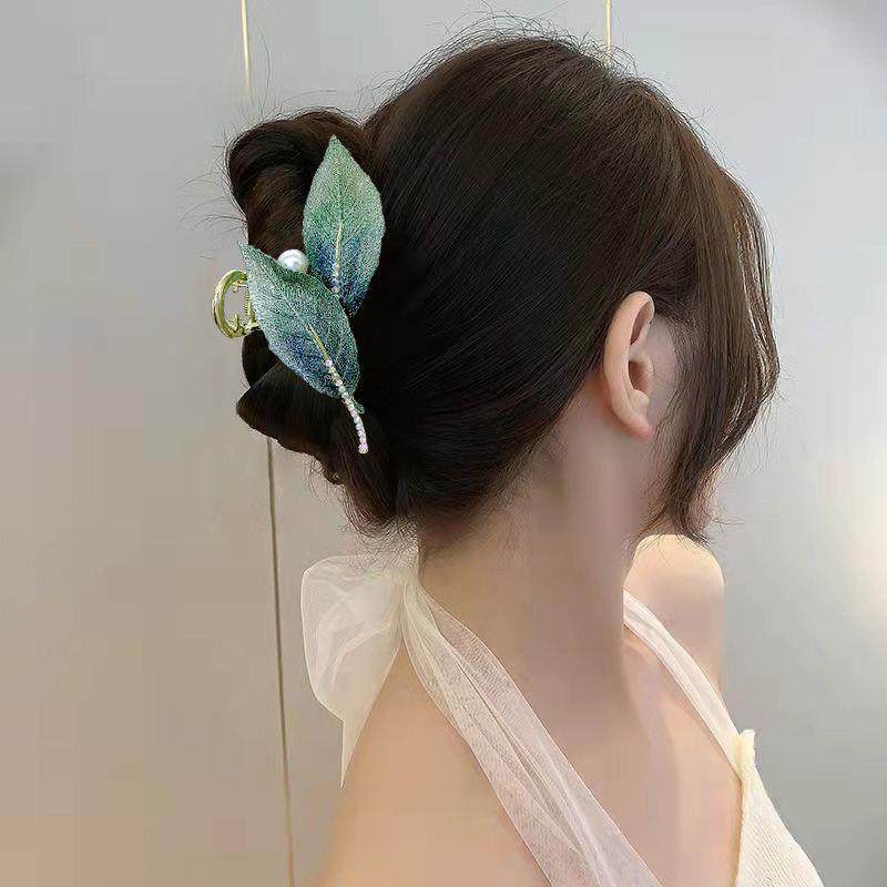 洋气新中式抓夹轻奢刺绣树叶轻奢鲨鱼夹高颜值古风后脑勺高档发夹