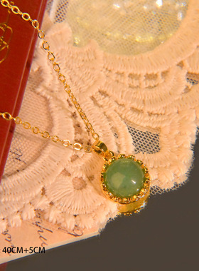 法式复古项链女天然绿石圆吊坠简约锁骨链轻奢高级项链女