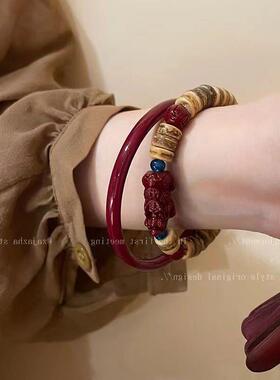 中式椰壳朱砂串珠手镯套装女款ins小众设计复古气质百搭搭手