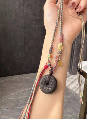 新中式山鬼花钱项链手搓棉线编织沉香平安扣编织绳吊坠项链复古小