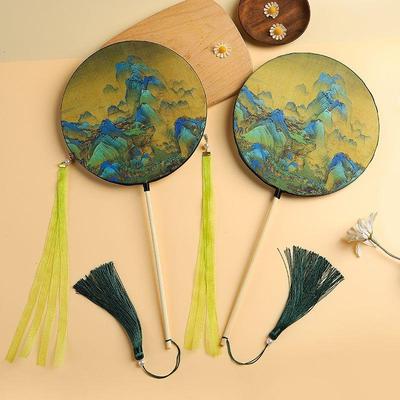千里江山图团扇古风扇子汉服只此青绿网红旗袍圆扇长柄儿童舞蹈扇