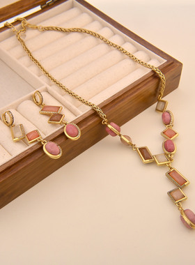 中古项链耳环套装女复古Vintage原石镀真金气质高级感锁骨链女