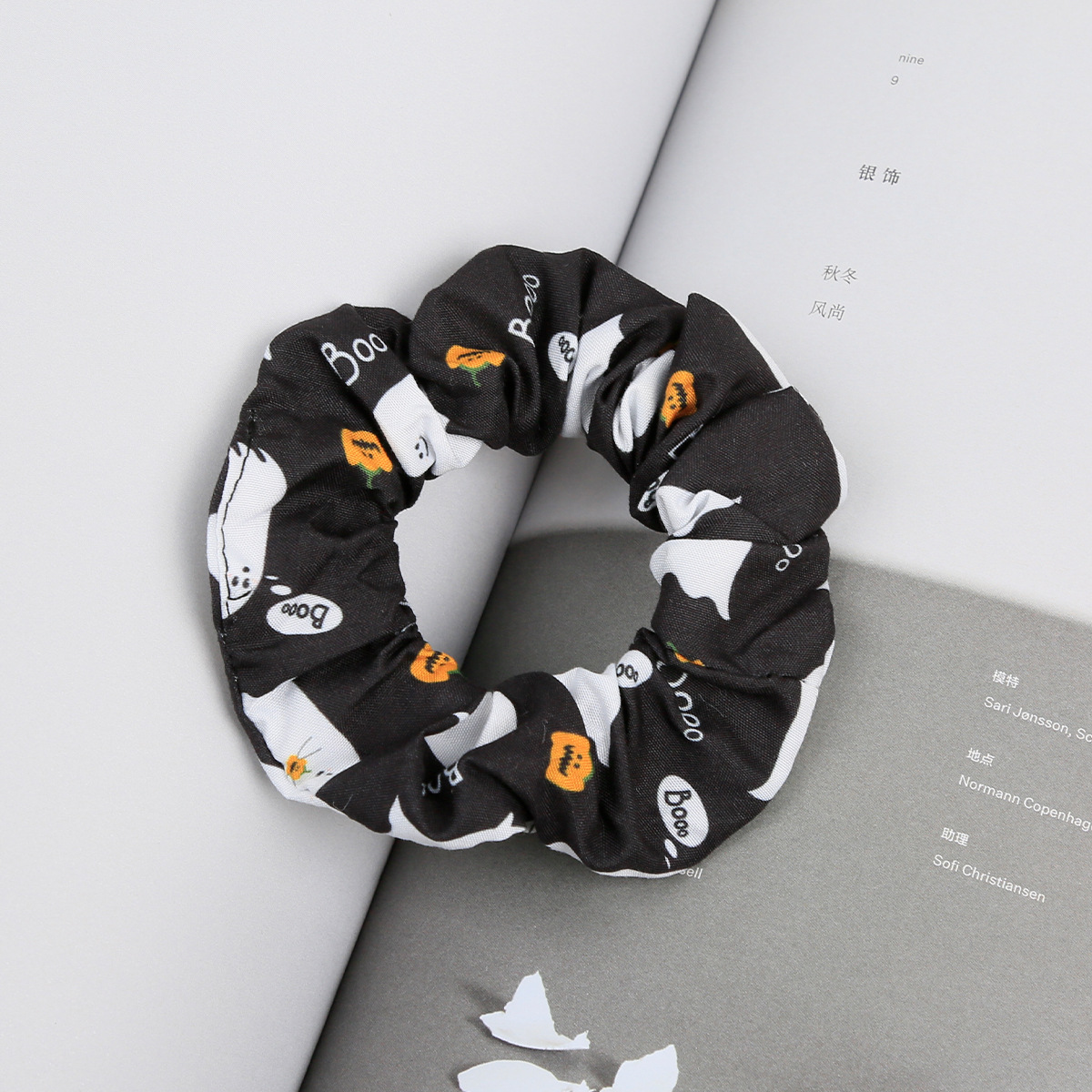 万圣节系列黑色卡通印花发饰ins风小众个性宽边套装皱褶发圈