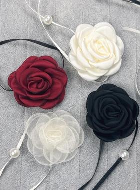 法式超仙复古山茶花系带项链珍珠绑带choker颈链珍珠花朵锁骨链女