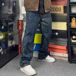 斌斌梨赛格纺牛仔裤马骝纱线vibe高街潮流个性宽松阔腿宝石蓝长裤