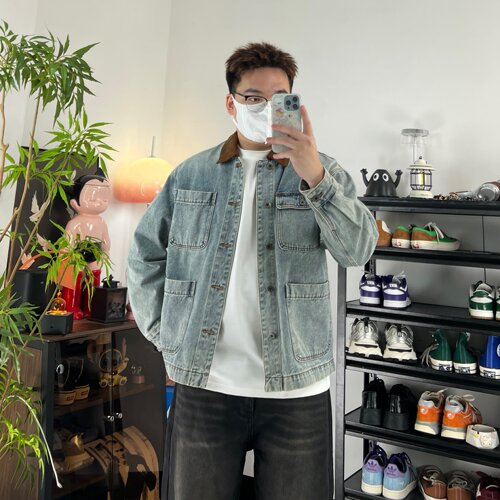 美式复古多口袋做旧水洗牛仔外套