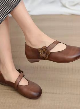 80712四季手工女鞋牛皮软底软面浅口单鞋复古民族风魔术贴花朵