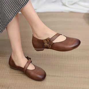 80712四季 复古民族风魔术贴花朵 手工女鞋 牛皮软底软面浅口单鞋