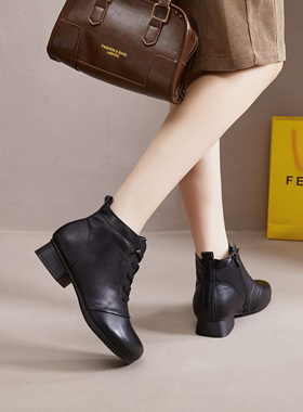 39917头层牛皮冬季加绒高跟短靴女鞋复古风3.5厘米中跟粗跟妈妈鞋
