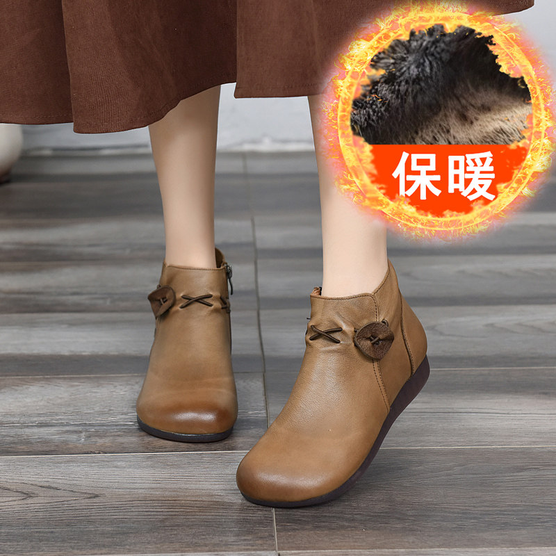 80620民族风头层牛皮牛筋软底复古圆头平底中帮女鞋舒适妈妈鞋懒