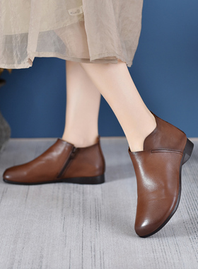 39235牛皮短靴女春秋单靴新款真皮软底妈妈鞋中老年复古短靴