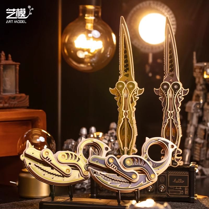 艺模爪子蝴蝶刀木质拼装模型拼图手工DIY玩具武器立体折叠刀礼物