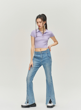 YIJIANGLAN24春夏新设计师小众牛仔喇叭裤手工订钻烫钻YJL24C1002
