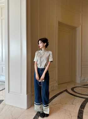 YIJIANGLAN春夏秋新款牛仔裤休闲新中式国风阔腿九分裤YJL24C5087