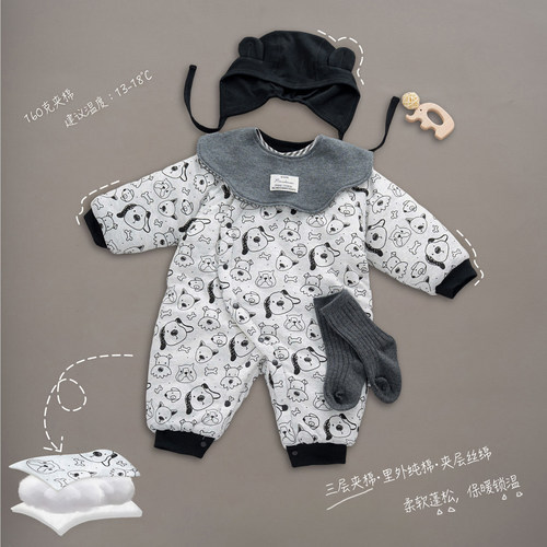 新生婴儿秋冬夹棉加厚连体衣